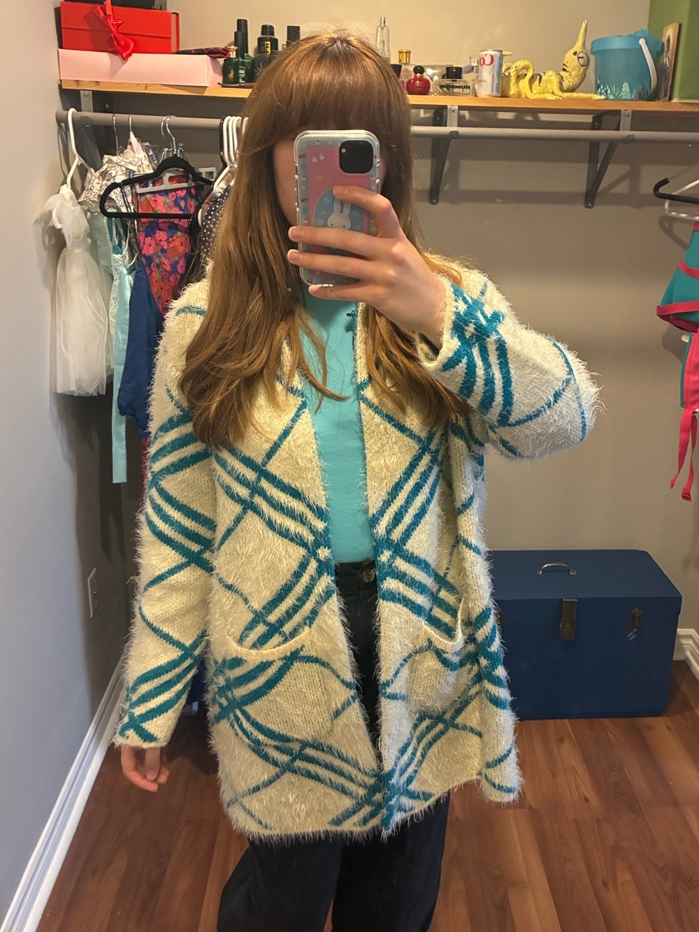 Fuzzy long patterned cardigan